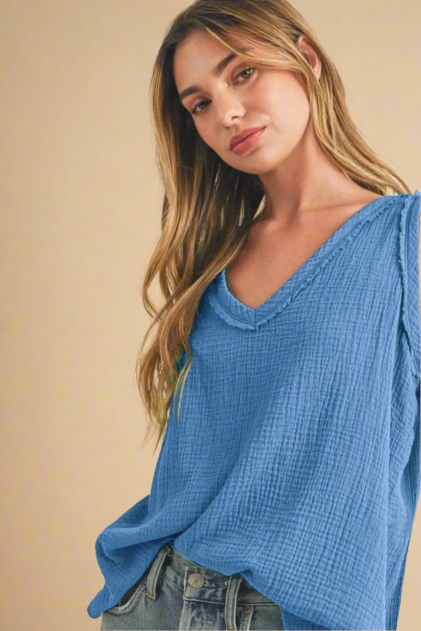 AEMI+CO - Textured Gauze V - Neck Tank in Slate Blue