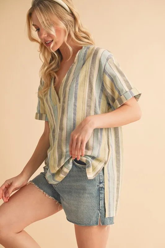 AEMI+CO - Textured Striped Popover Top – Soft Blue & Lemon Cream
