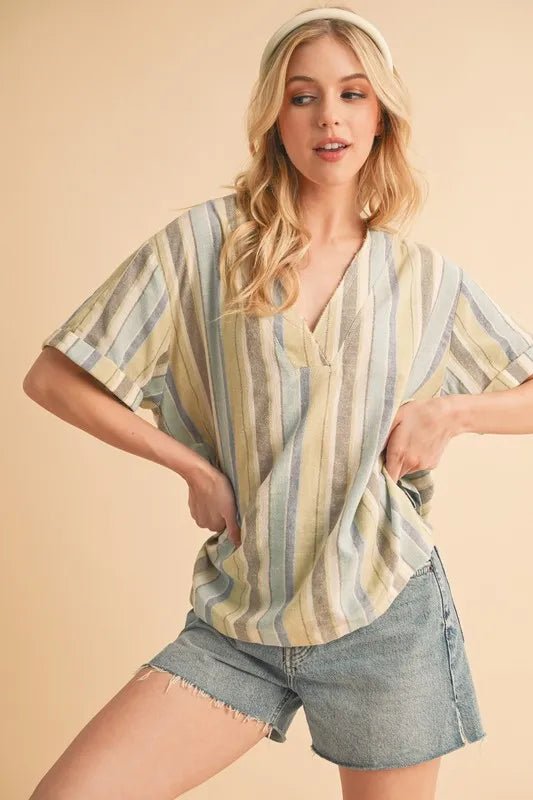 AEMI+CO - Textured Striped Popover Top – Soft Blue & Lemon Cream