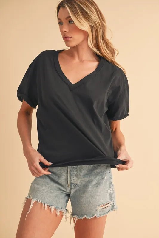 AEMI+CO - Washed Black Cotton V - Neck Tee