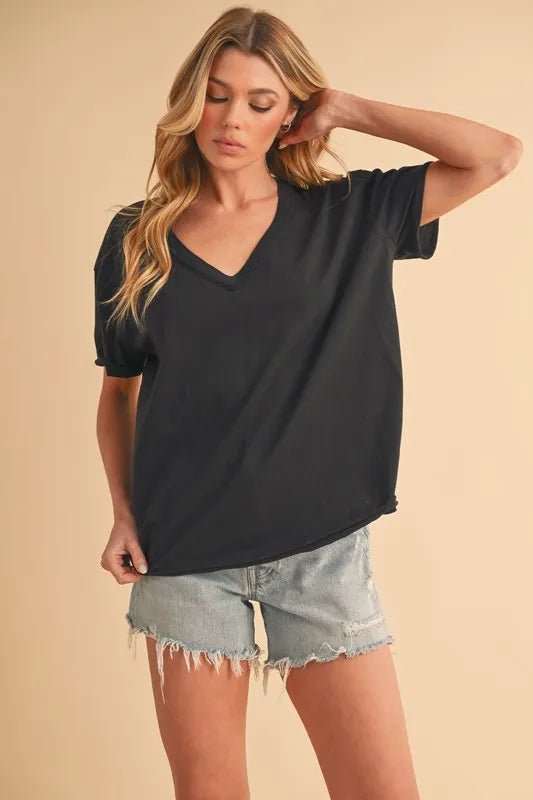 AEMI+CO - Washed Black Cotton V - Neck Tee