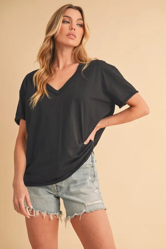 AEMI+CO - Washed Black Cotton V - Neck Tee