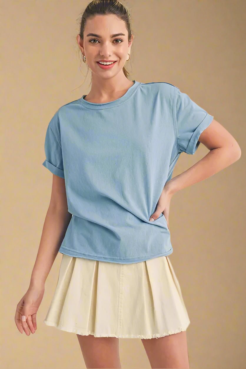 AEMI+CO - Washed Sky Blue Rolled Sleeve Tee