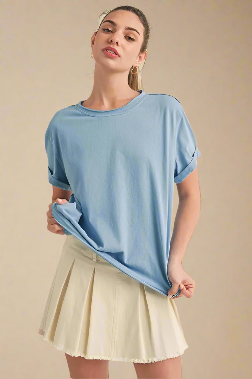 AEMI+CO - Washed Sky Blue Rolled Sleeve Tee