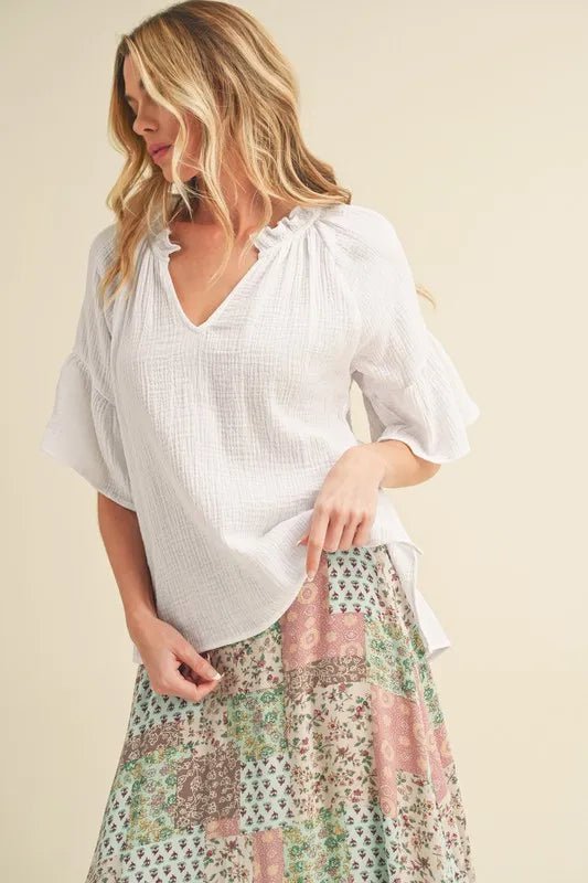 AEMI+CO - White Gauze Flutter Sleeve Top