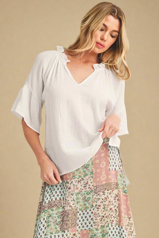 AEMI+CO - White Gauze Flutter Sleeve Top