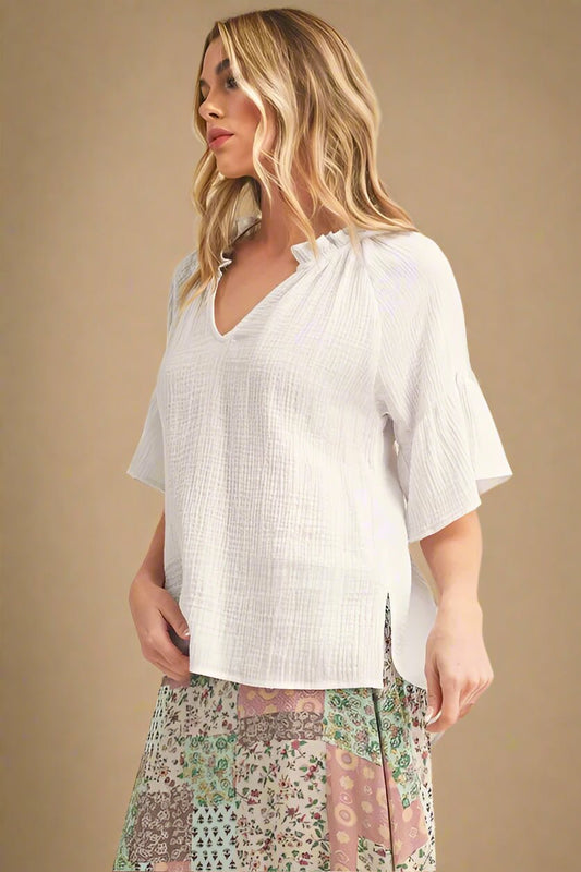 AEMI+CO - White Gauze Flutter Sleeve Top