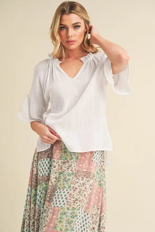 AEMI+CO - White Gauze Flutter Sleeve Top