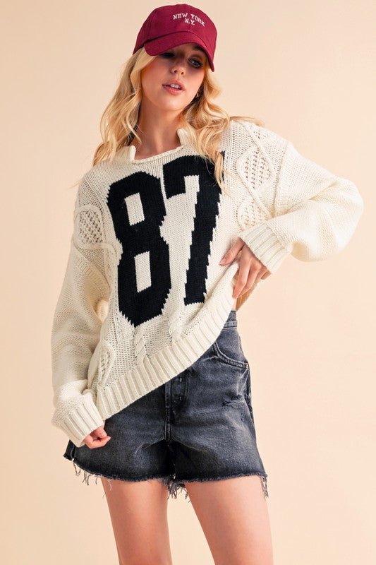 AEMI+CO - White Number 87 Cable Knit Sweater