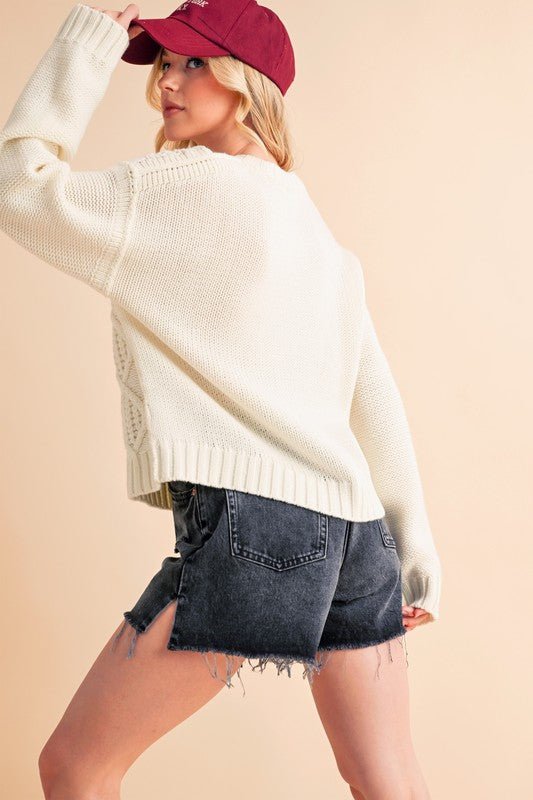 AEMI+CO - White Number 87 Cable Knit Sweater