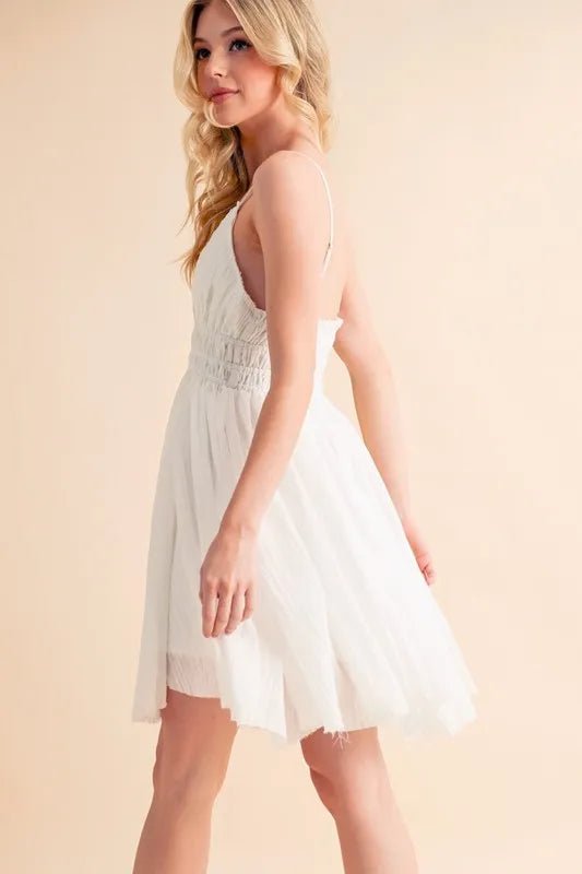 AEMI+CO - White Smocked Lace Trim Mini Dress