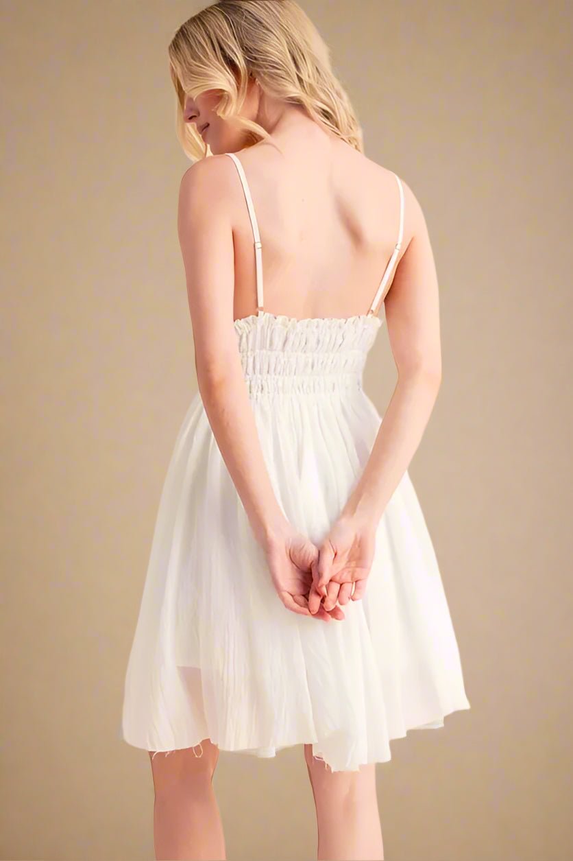 AEMI+CO - White Smocked Lace Trim Mini Dress