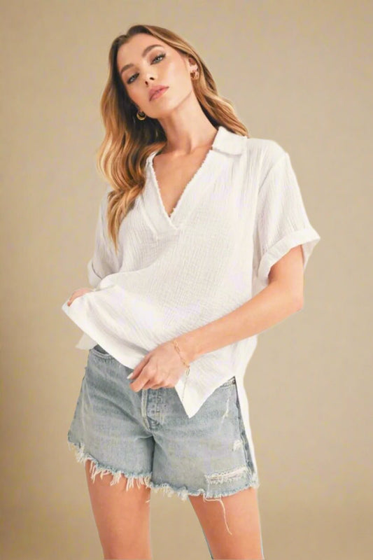 AEMI+CO - White Textured Collared V - Neck Top