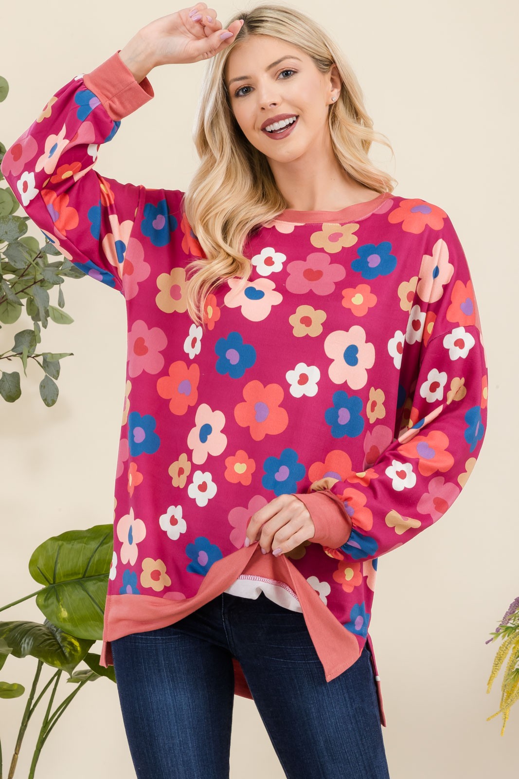 Flower Print Long Sleeve Tunic Top in Fuchsia