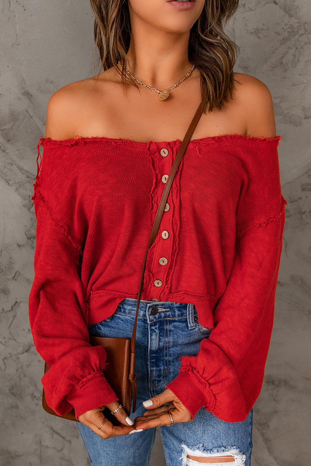 Red Button Front Frayed Trim Knit Top