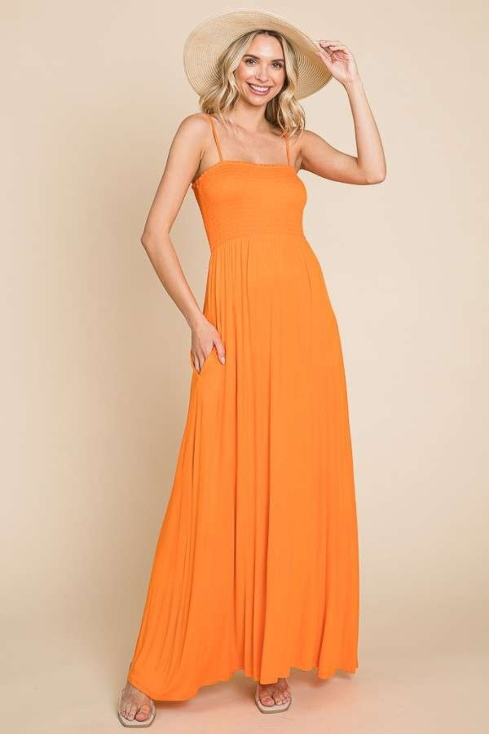 Smocked Cami Maxi Dress with Pockets in New Sunkist