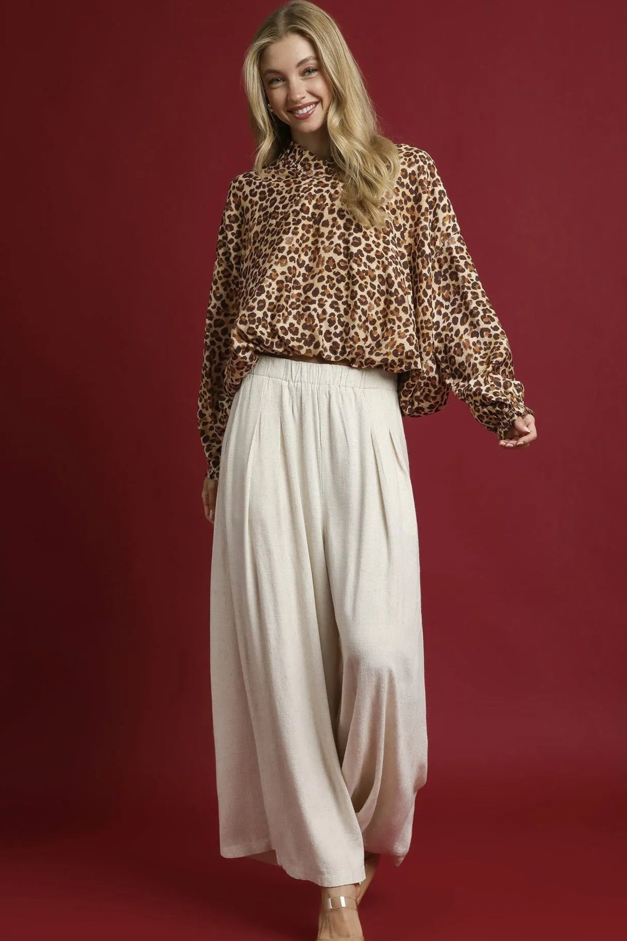Leopard Print Satin Balloon Sleeve Blouse