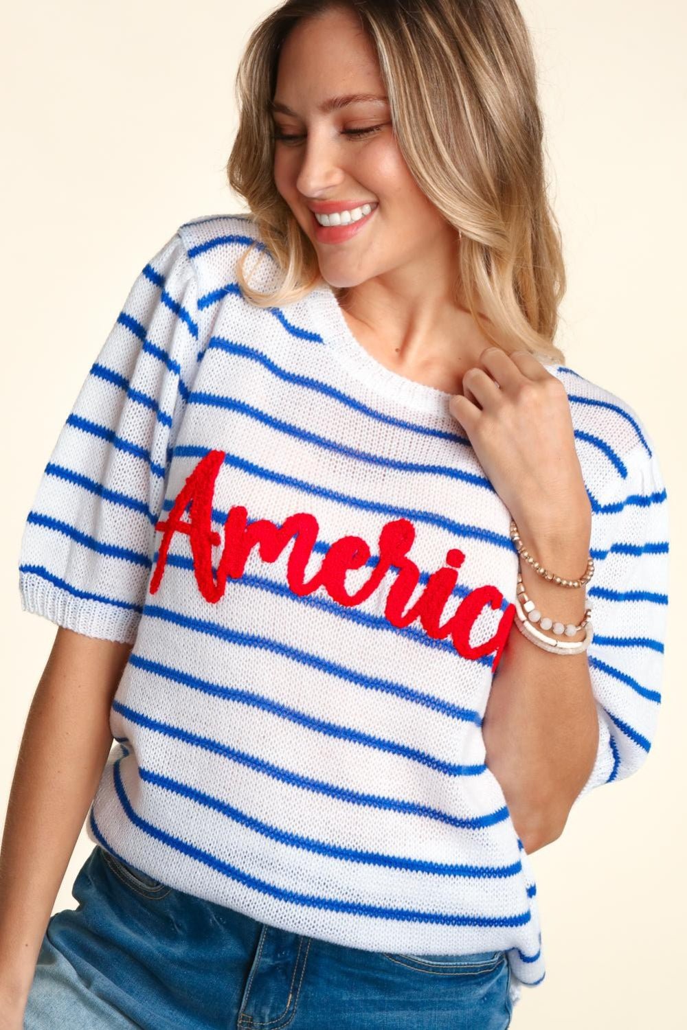 America Embroidered Graphic Blue Striped Knit TopTopHaptics