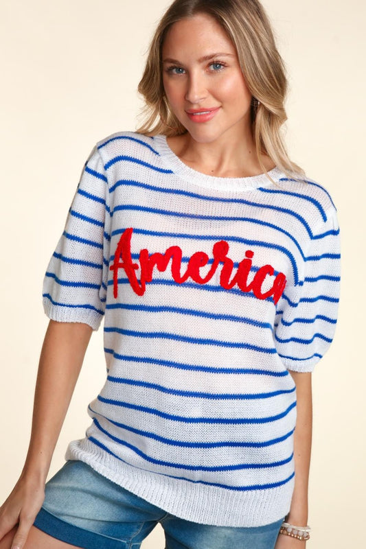 America Embroidered Graphic Blue Striped Knit TopTopHaptics