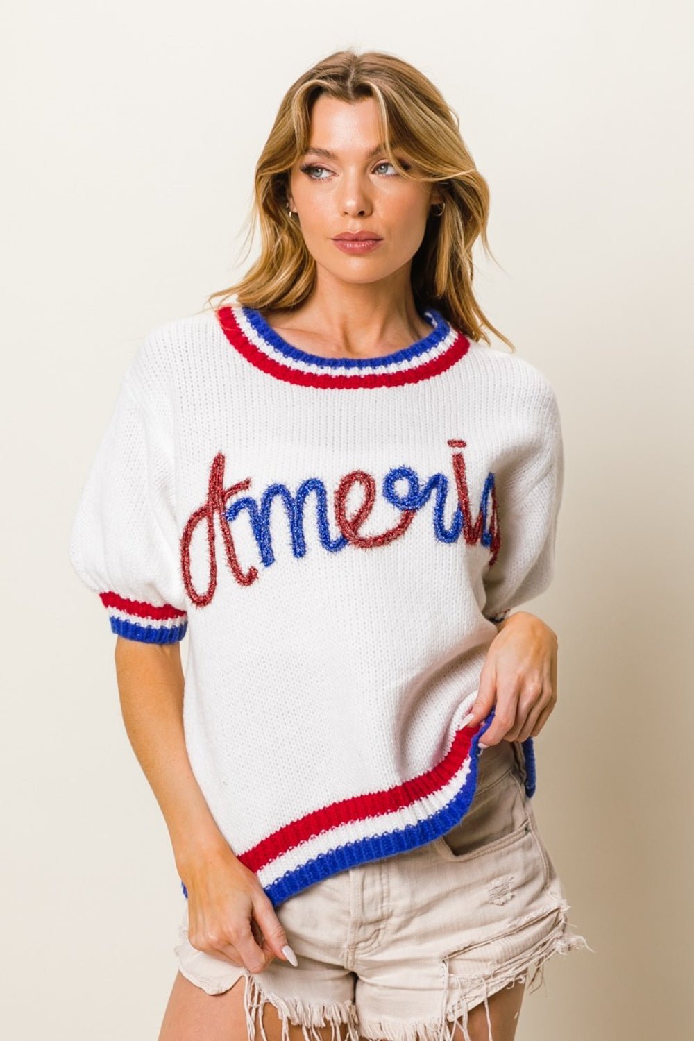 America Glitter Thread Short Sleeve Sweater in IvorySweaterBiBi