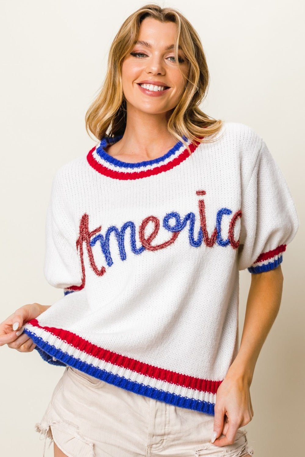 America Glitter Thread Short Sleeve Sweater in IvorySweaterBiBi