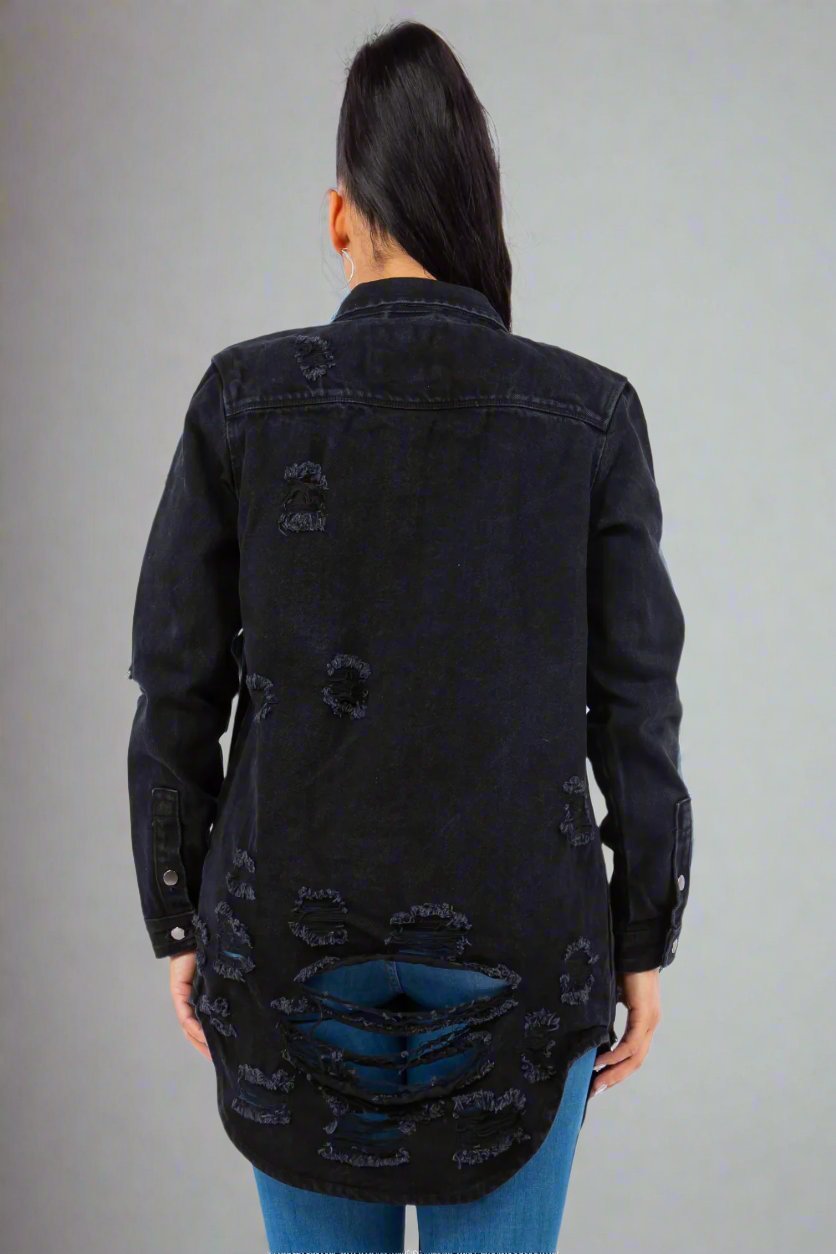 American Bazi - Black Distressed Button Up Long Sleeve Denim Jacket