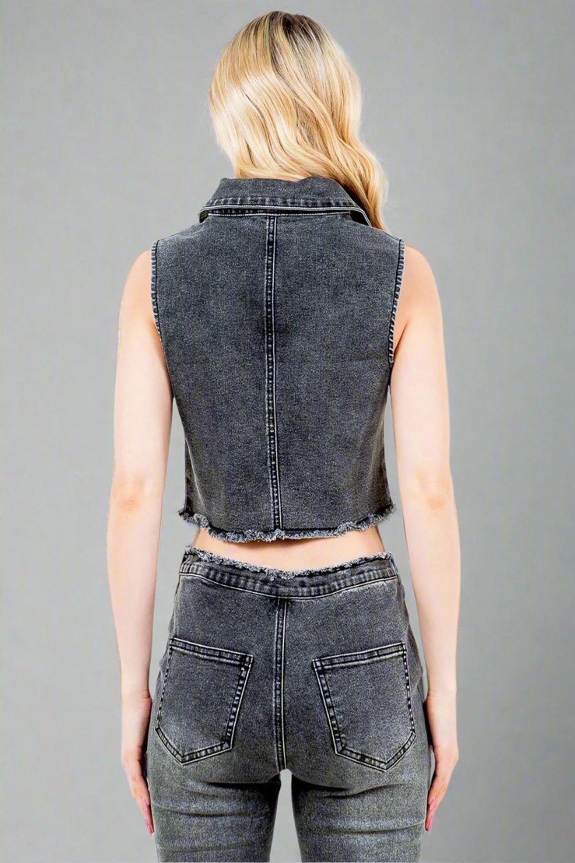 American Bazi - Black Wash Zip Up Crop Denim Vest