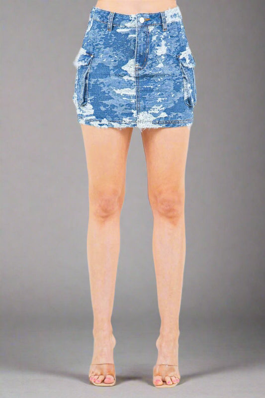 American Bazi - Blue Combo Camo Cargo Denim Mini Skirt