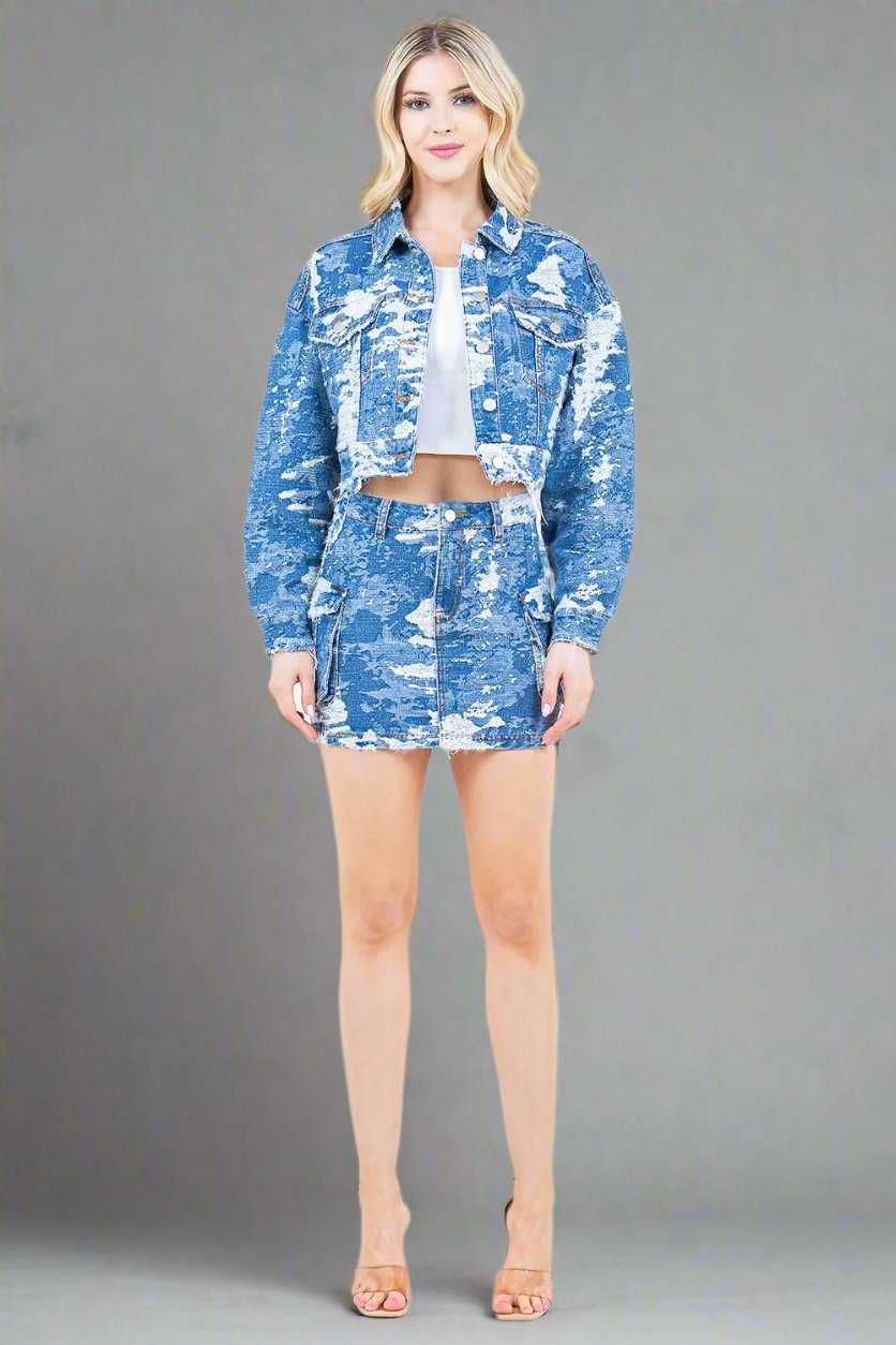 American Bazi - Blue Combo Camo Cropped Denim Jacket