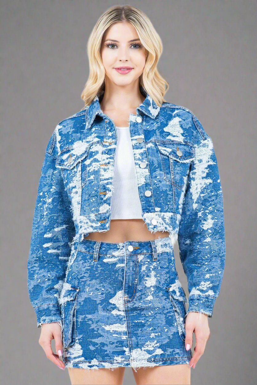 American Bazi - Blue Combo Camo Cropped Denim Jacket