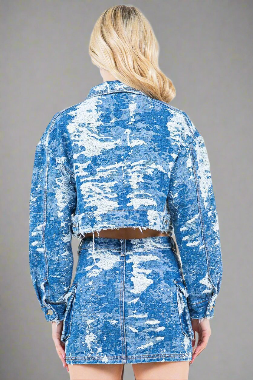 American Bazi - Blue Combo Camo Cropped Denim Jacket