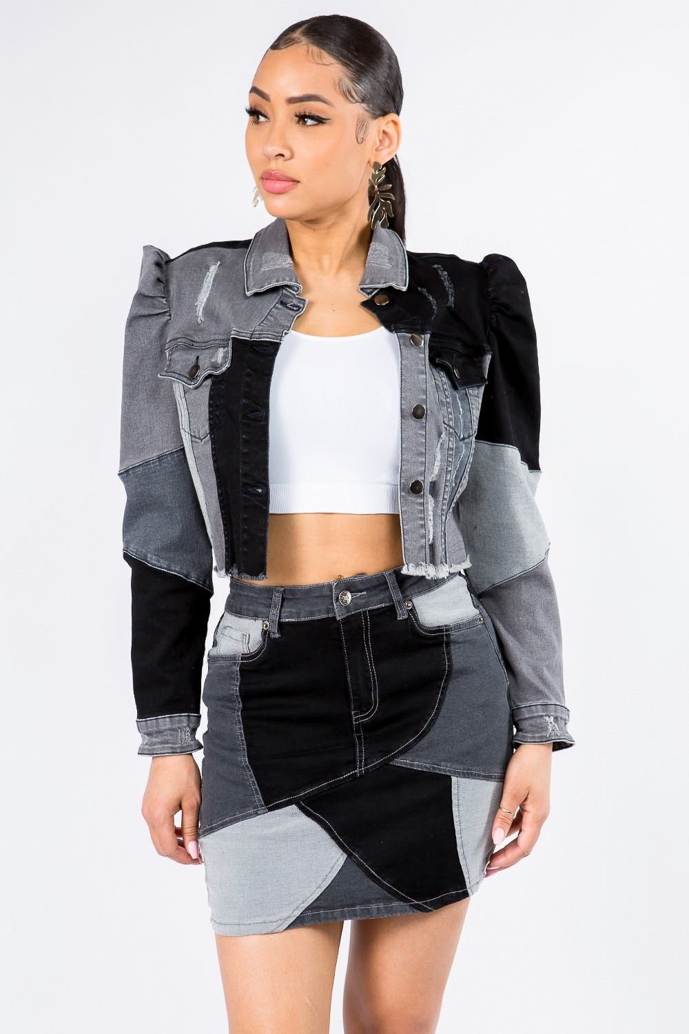 American Bazi - Button Up Cropped Patchwork Denim Jacket in Black