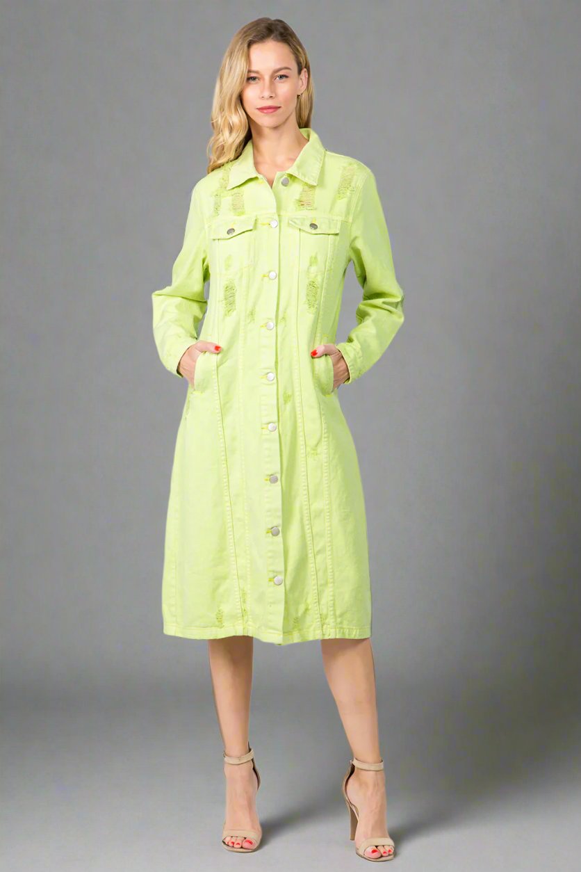 American Bazi - Button Up Distressed Denim Midi Dress in Lime