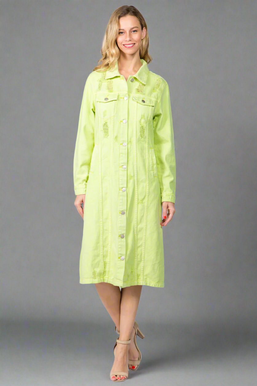 American Bazi - Button Up Distressed Denim Midi Dress in Lime