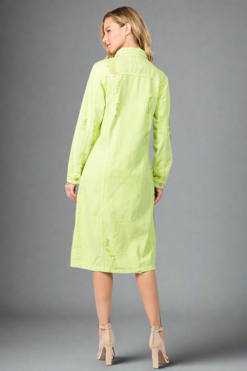 American Bazi - Button Up Distressed Denim Midi Dress in Lime