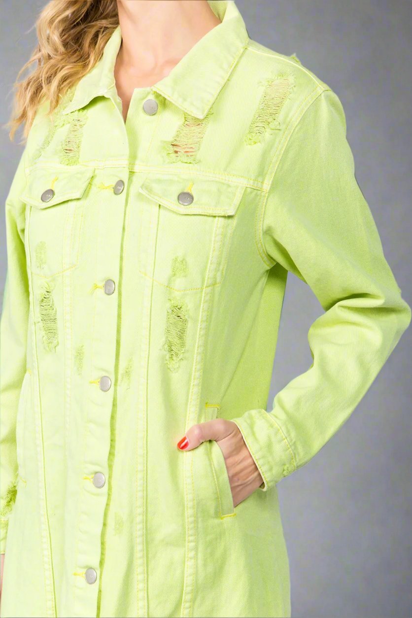 American Bazi - Button Up Distressed Denim Midi Dress in Lime