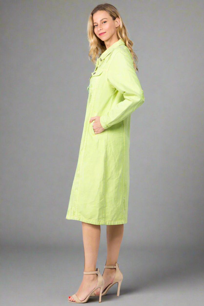 American Bazi - Button Up Distressed Denim Midi Dress in Lime