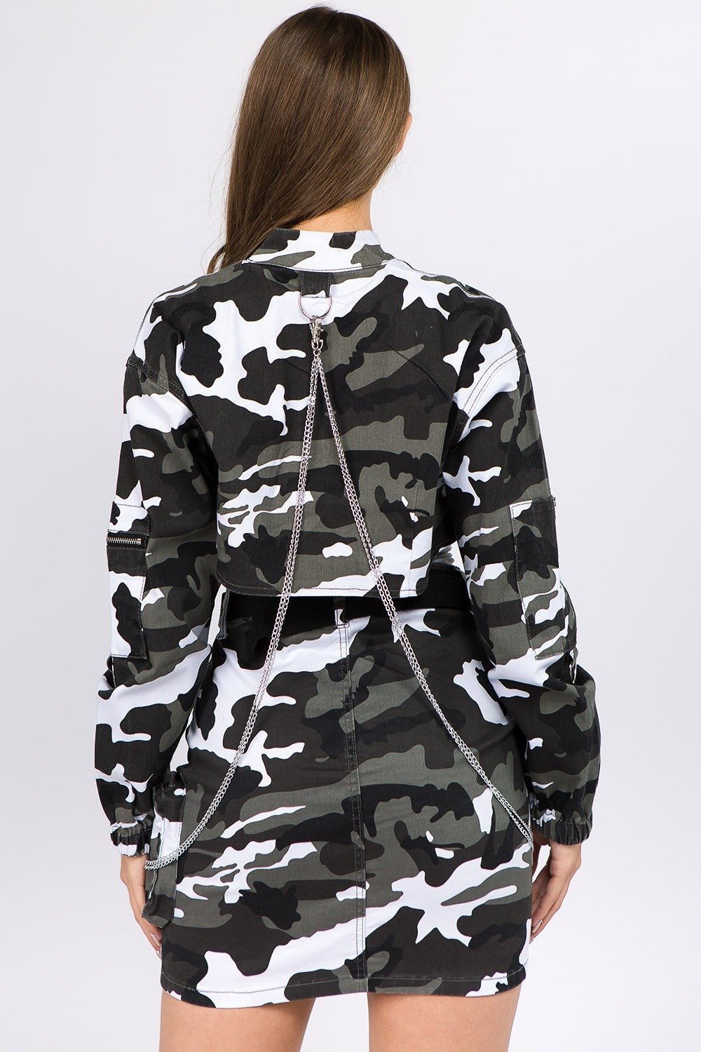 American Bazi - City Camouflage Cropped Denim Jacket with Chains