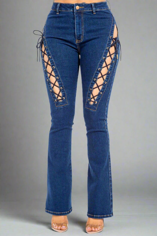 American Bazi - Dark Blue High Rise Lace Up Jeans