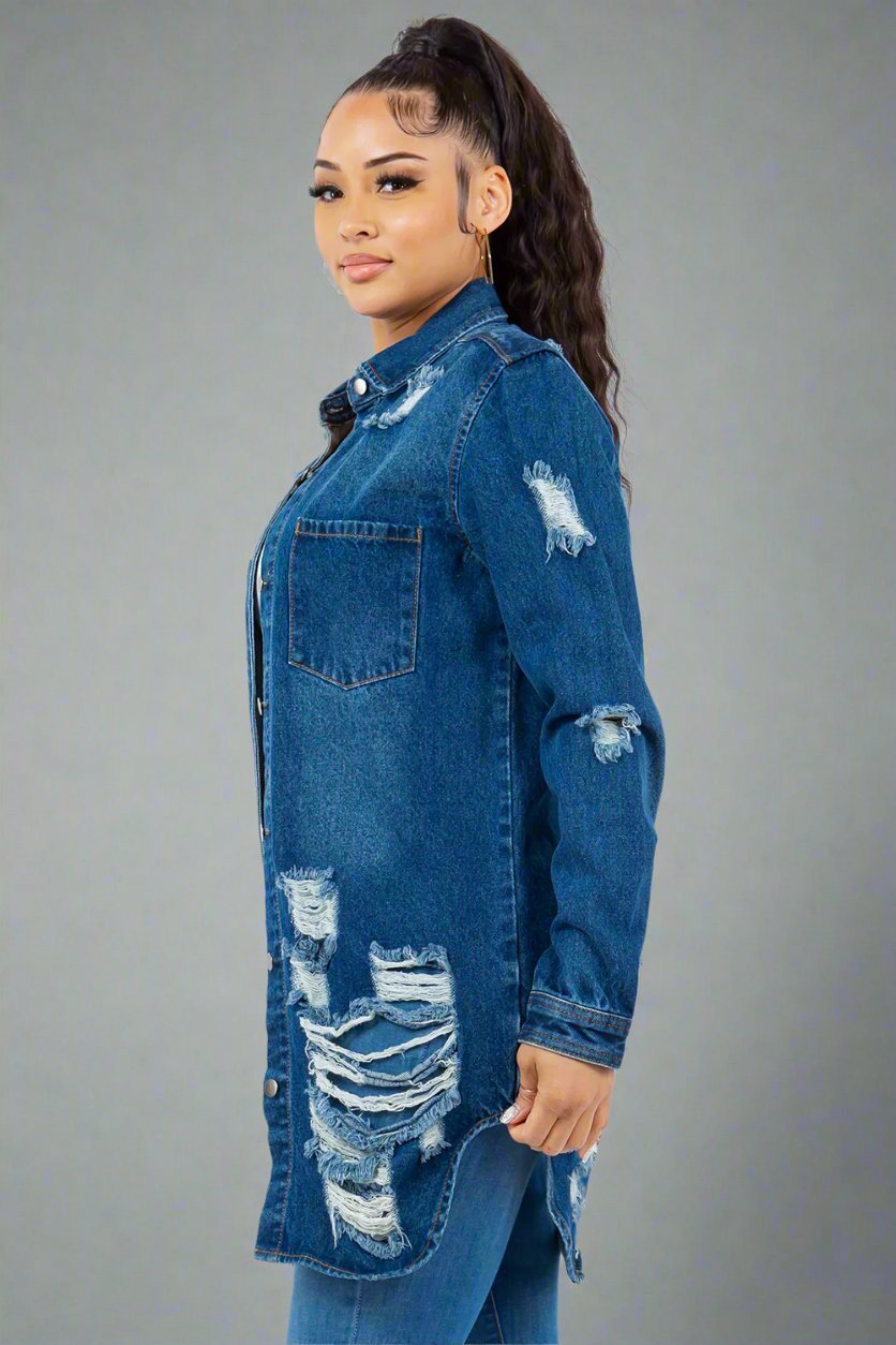 American Bazi - Dark Wash Distressed Button Up Long Sleeve Denim Jacket