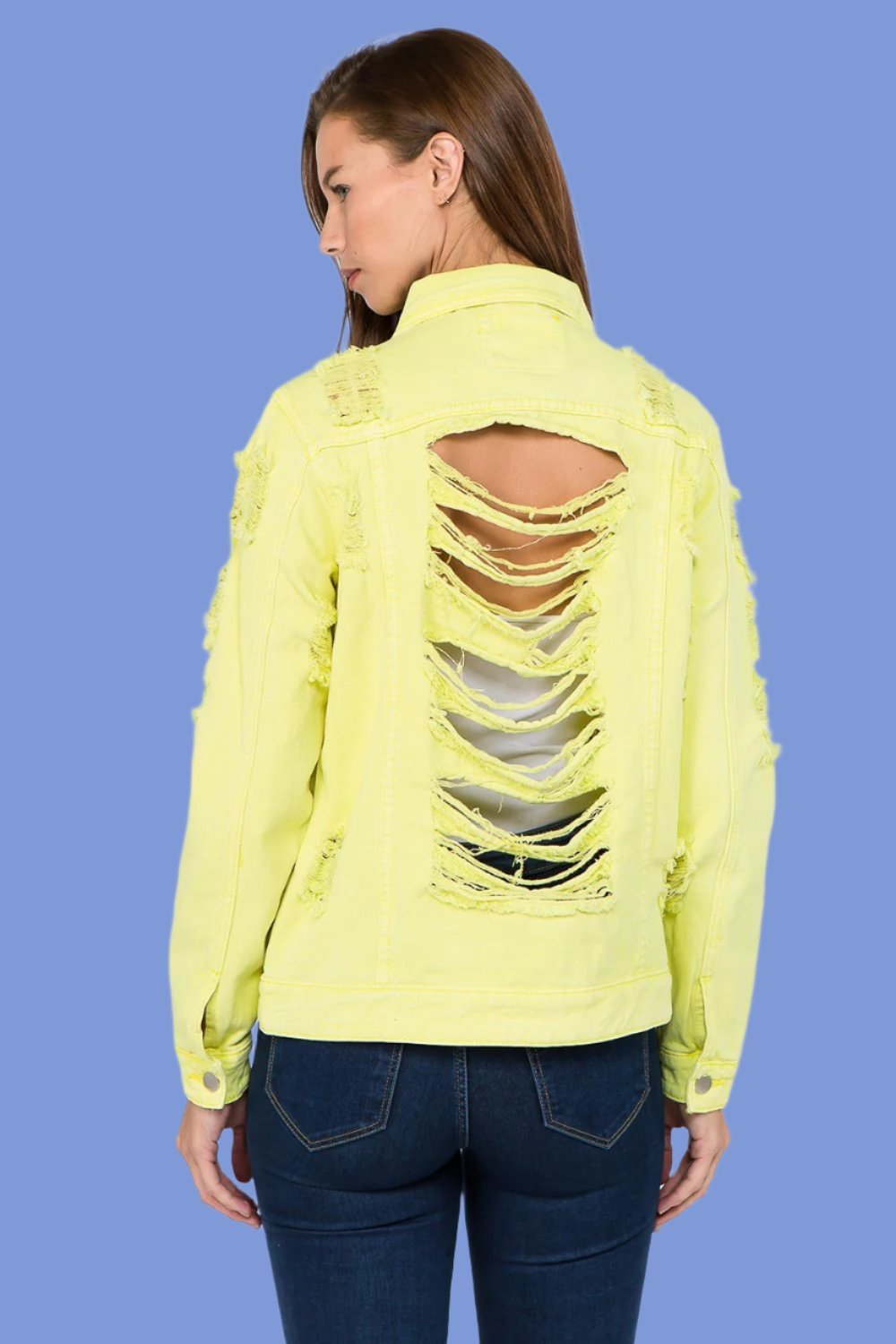 American Bazi - Distressed Back Button Down Denim Jacket in Lime Neon Yellow