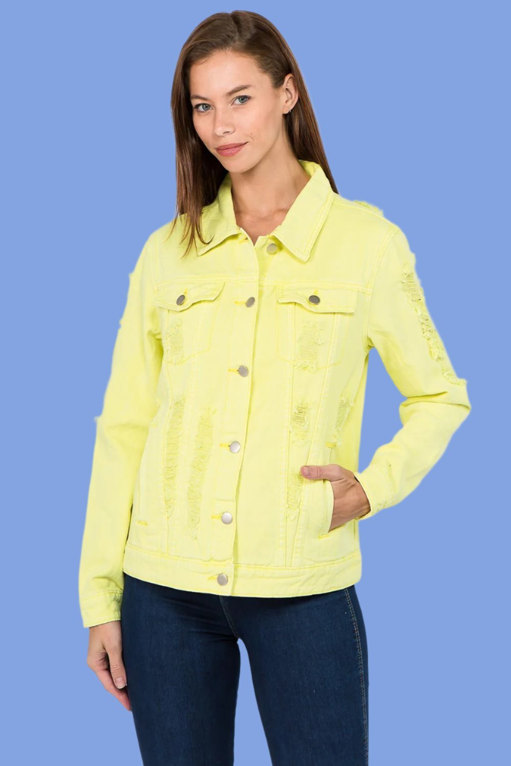 American Bazi - Distressed Back Button Down Denim Jacket in Lime Neon Yellow