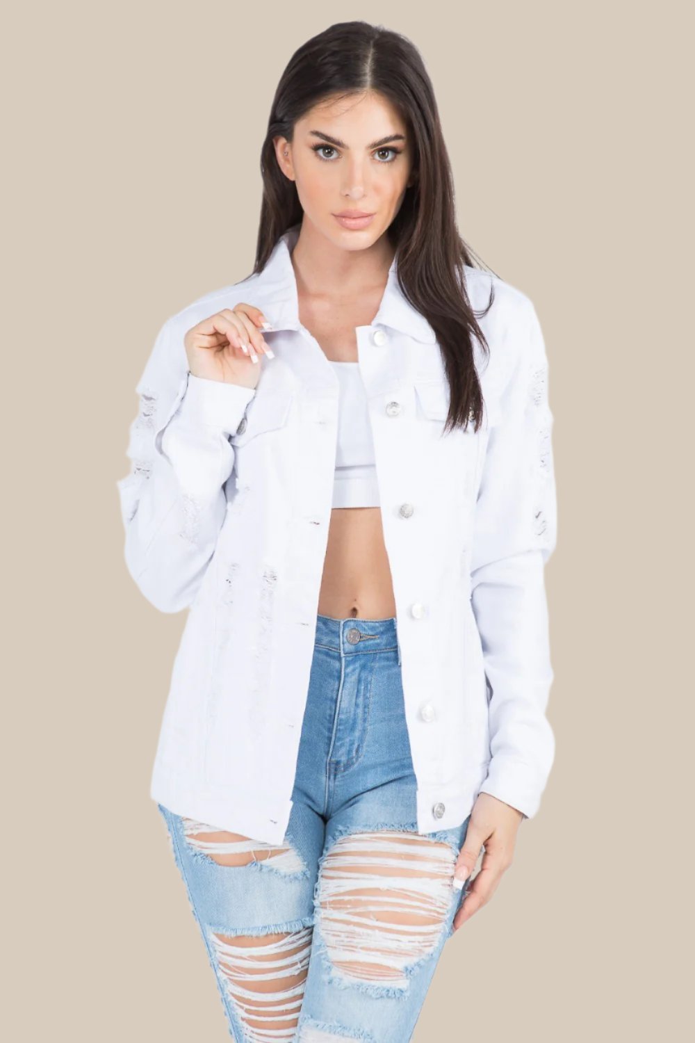 American Bazi - Distressed Back Button Down Denim Jacket in White