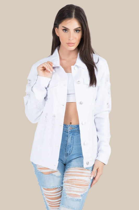 American Bazi - Distressed Back Button Down Denim Jacket in White