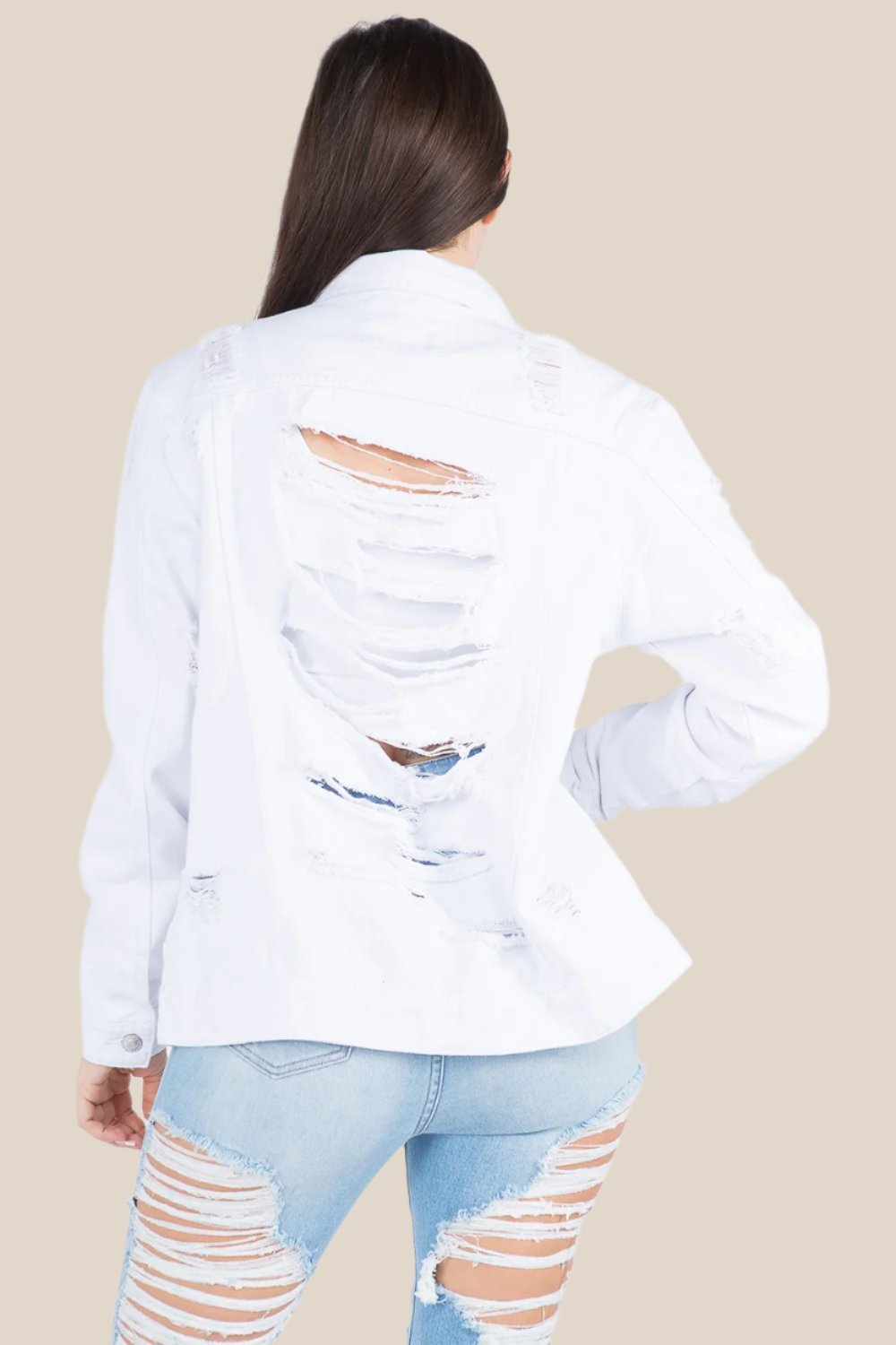 American Bazi - Distressed Back Button Down Denim Jacket in White