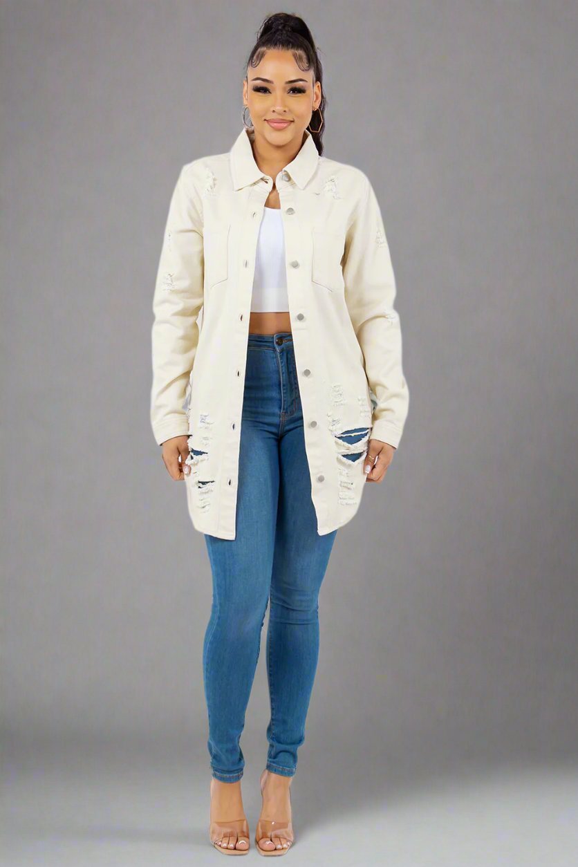 American Bazi - Distressed Button Up Long Sleeve Denim Jacket in Ivory