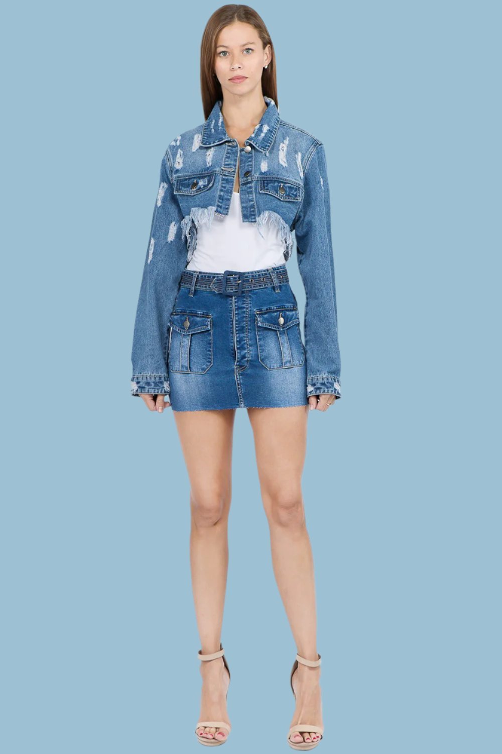 American Bazi - Distressed Denim Jacket with Frayed Hem