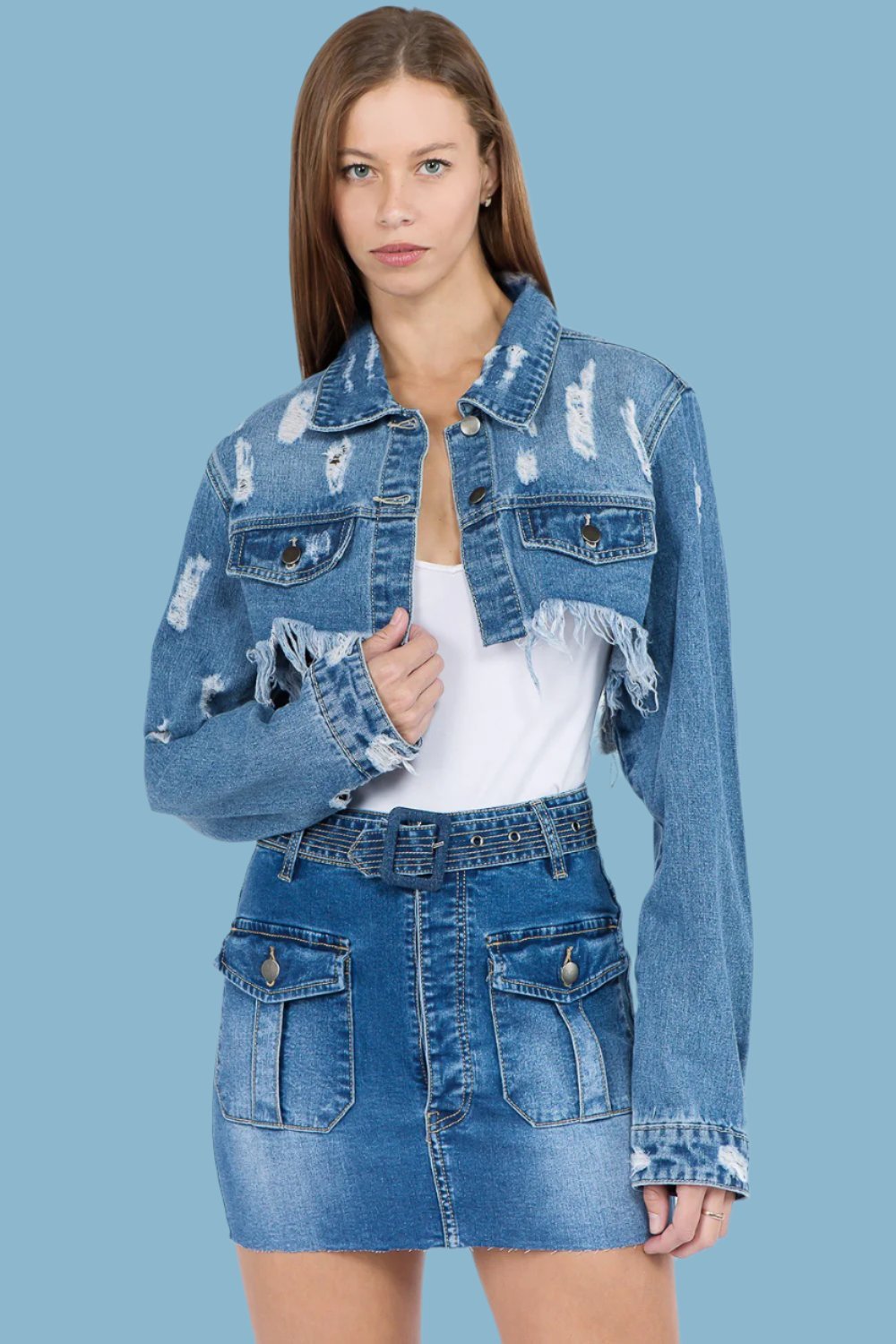 American Bazi - Distressed Denim Jacket with Frayed Hem