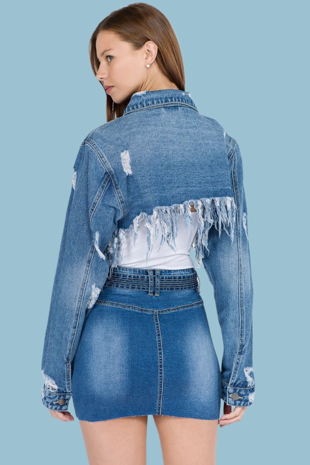 American Bazi - Distressed Denim Jacket with Frayed Hem