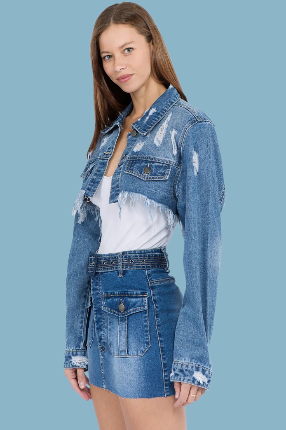 American Bazi - Distressed Denim Jacket with Frayed Hem